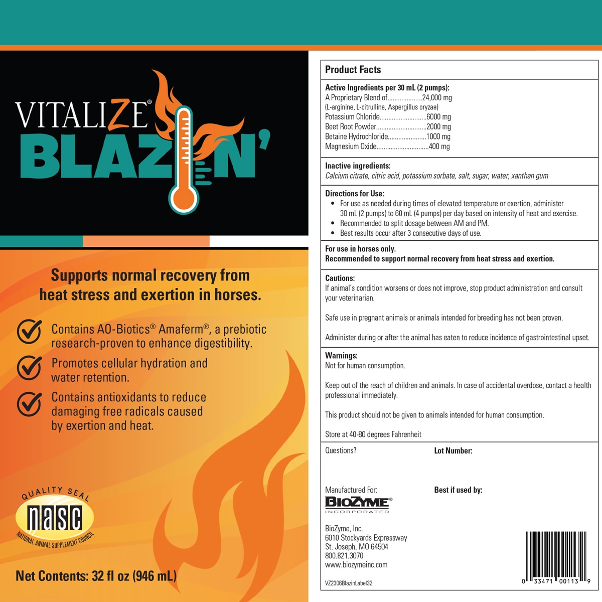 VITALIZE Blazin - Horse Heat Stress & Exertion Recovery - Calming  Supplement - Promotes Hydration & Water Retention (32 fl oz)